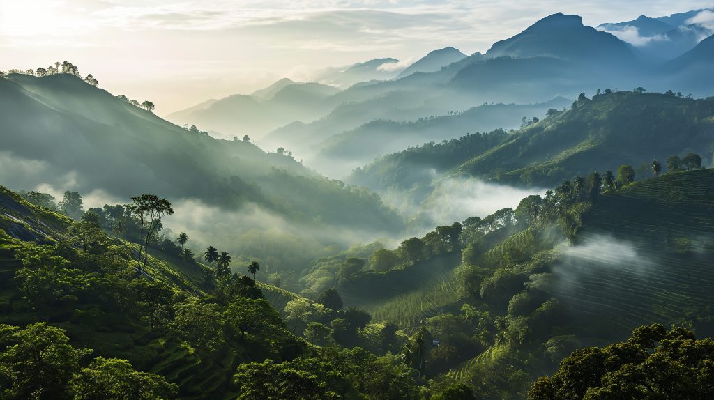 Misty green mountain ridges at sunrise